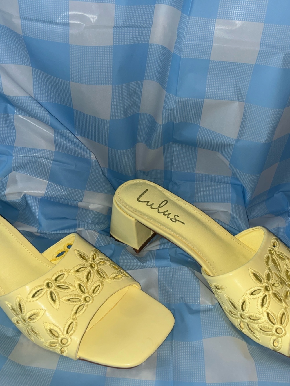 Lulu's Buttercup Yellow Floral Cutout Block Heel Mules